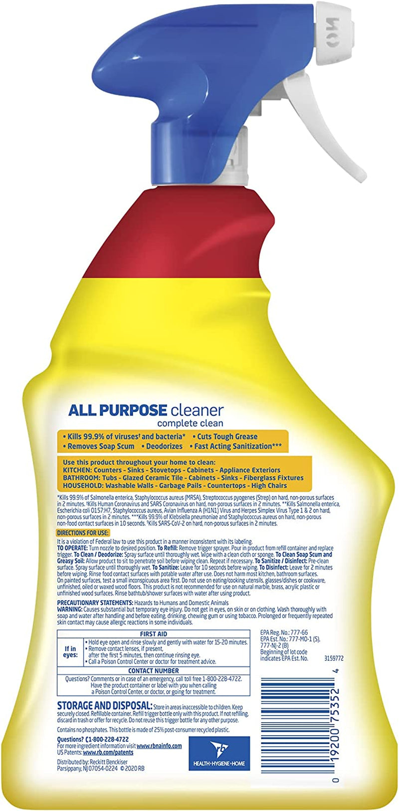All-Purpose Cleaner, Sanitizing and Disinfecting Spray, to Clean and Deodorize, Lemon Breeze Scent, 32Oz