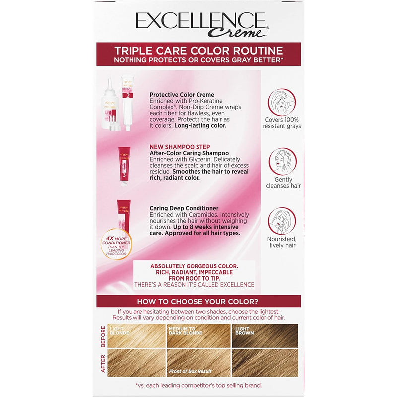Excellence Creme Permanent Triple Care Hair Color, 8 Medium Blonde, Gray Coverage for up to 8 Weeks, All Hair Types, Pack of 1
