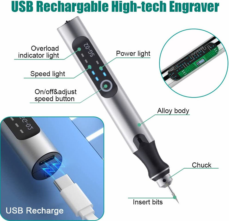 USB Engraving Pen Rechargeable with 35bits,Mini Electric Engraver Etching Pen Cordless Rotary Tools Engraved Jewelry Glass Stone Metal Plastic Wood Resin